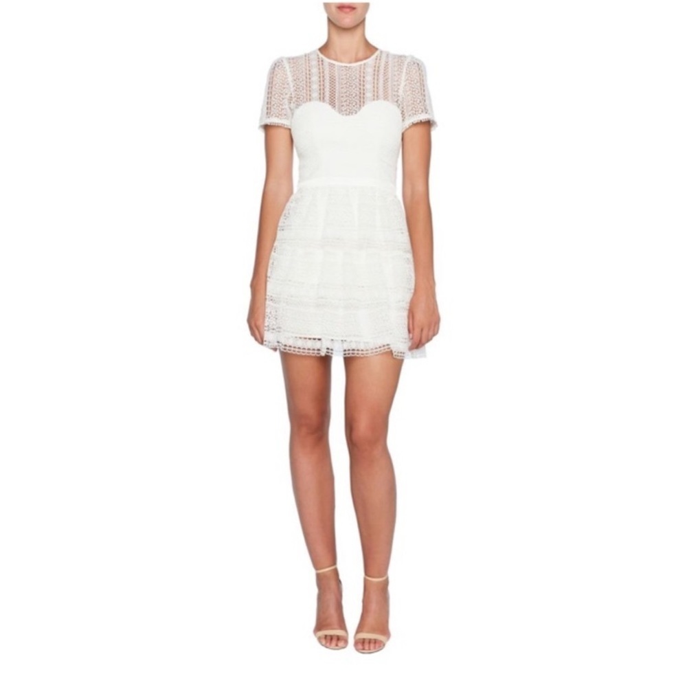 Bardot Crochet Lace Ava Tiered Mini Dress Bridal Bachelorette Ivory Small US 6 - Picture 1 of 14